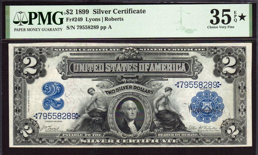Fr.249, 1899 $2 Silver Certificate, Lyons-Roberts, 79558289, PMG-35 EPQ-Star